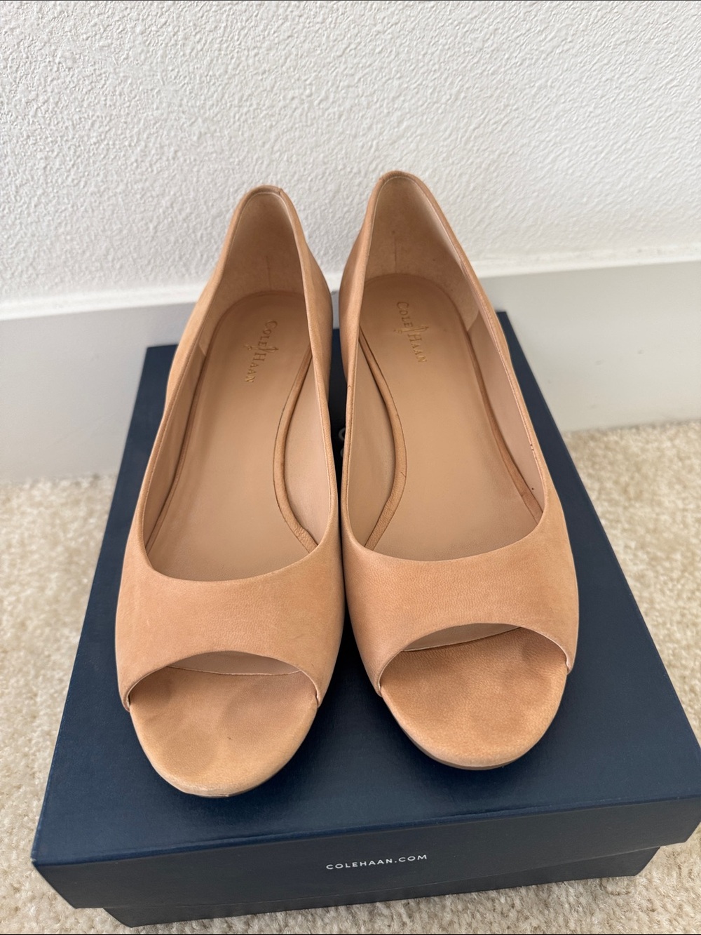 Cole Haan Women’s Tan Suede Peep-Toe Heels